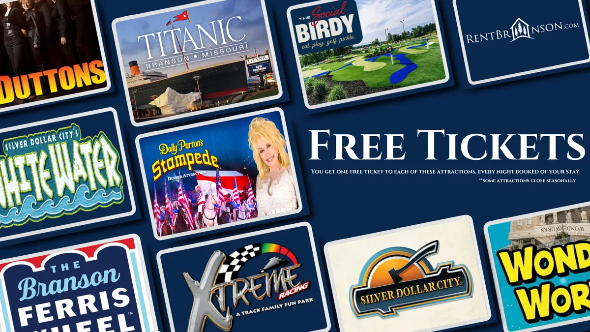 An interior promotional shot featuring the 'Free Tickets' text and various attraction logos, hinting at exclusive perks for guests such as complimentary access to local entertainment and activities.