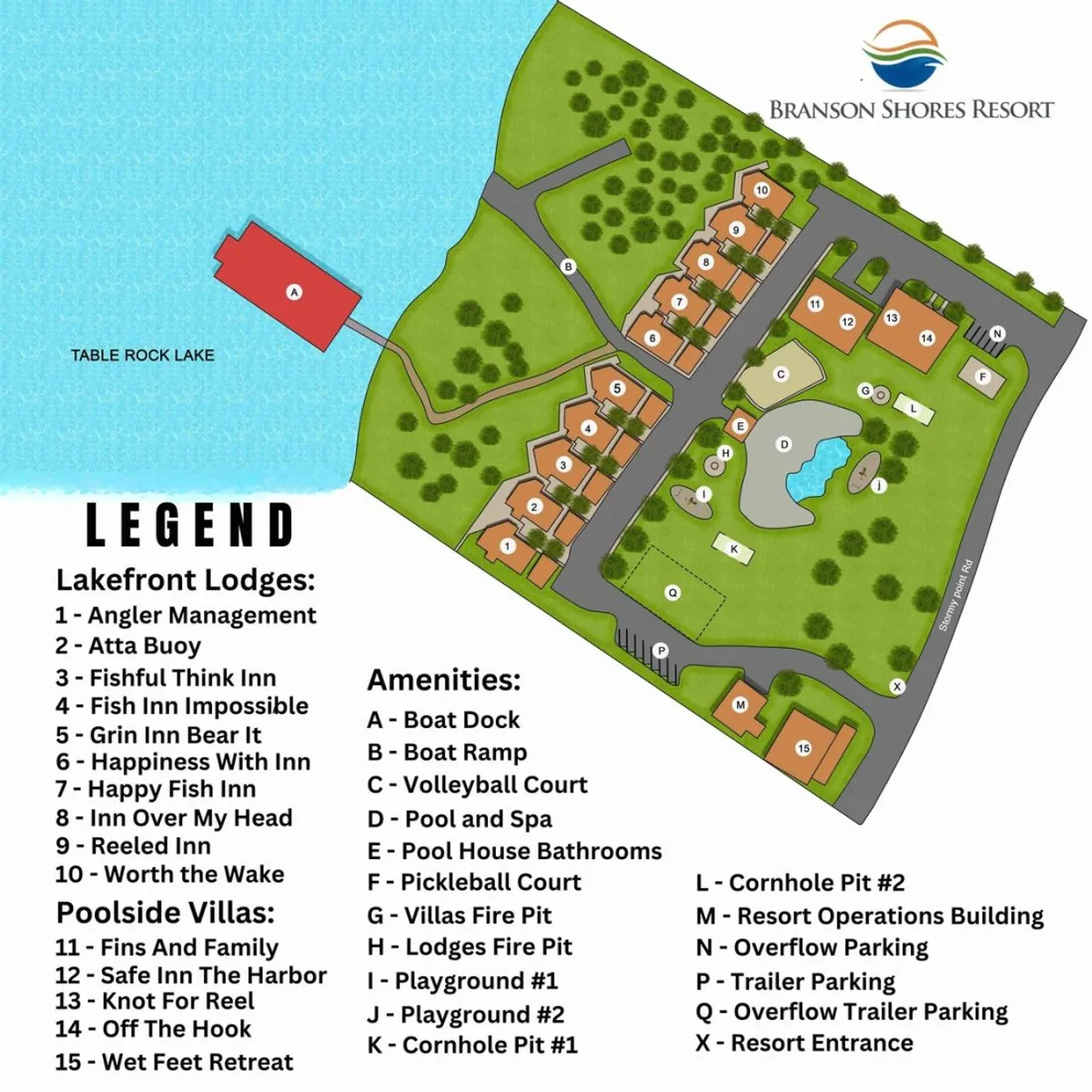 This elevated view captures Table Rock Lake with the waterfront lodges in the foreground, a pool area, and recreational amenities like open spaces for sports and gatherings. The sun is beginning to set, casting a warm glow over the water and the property, enhancing the inviting lakeside atmosphere.