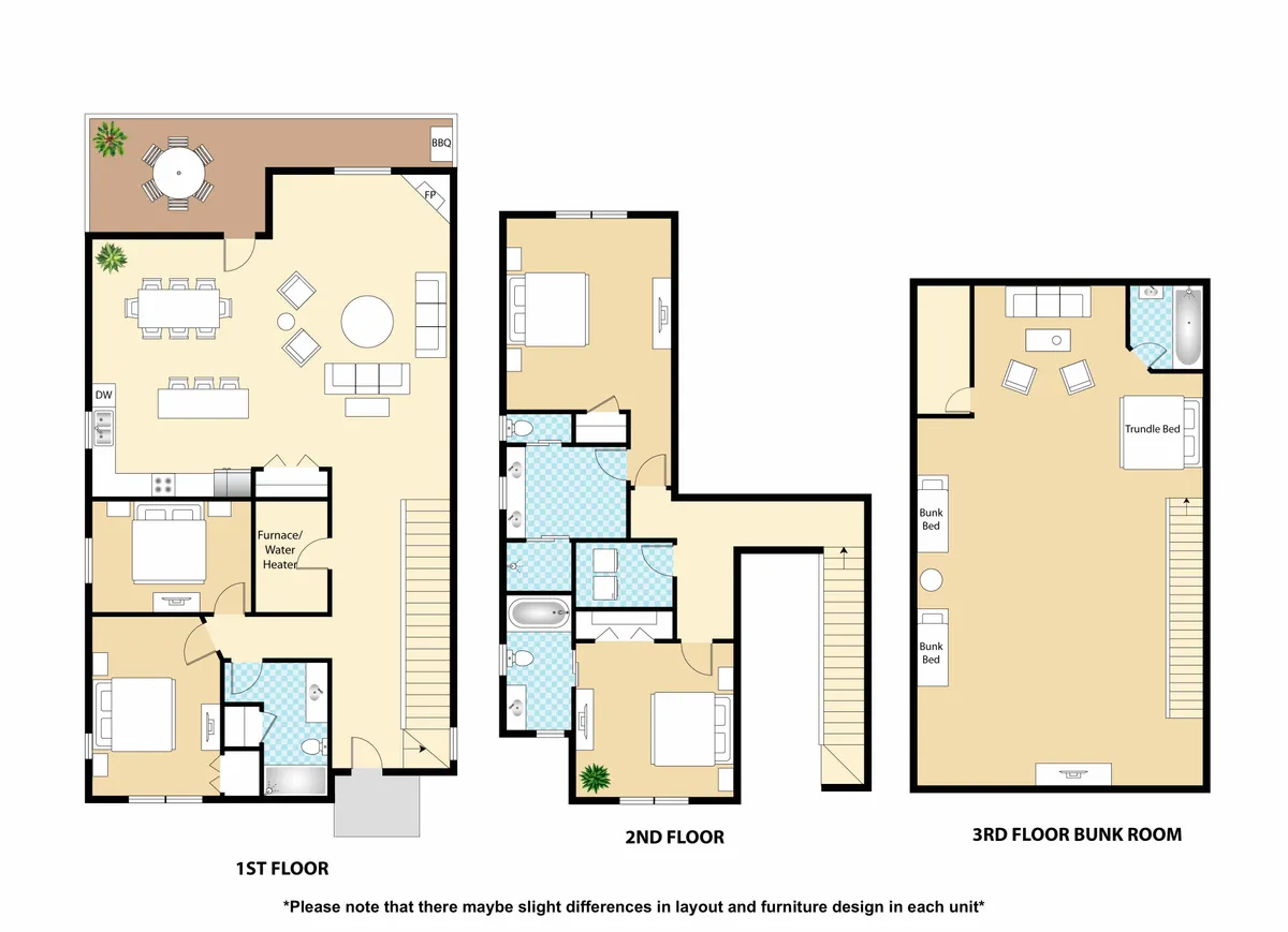An open-plan interior that seamlessly connects the dining area, living space, kitchen, and a bunk room. The layout encourages interaction and togetherness, with ample room for group meals, games, and family activities.